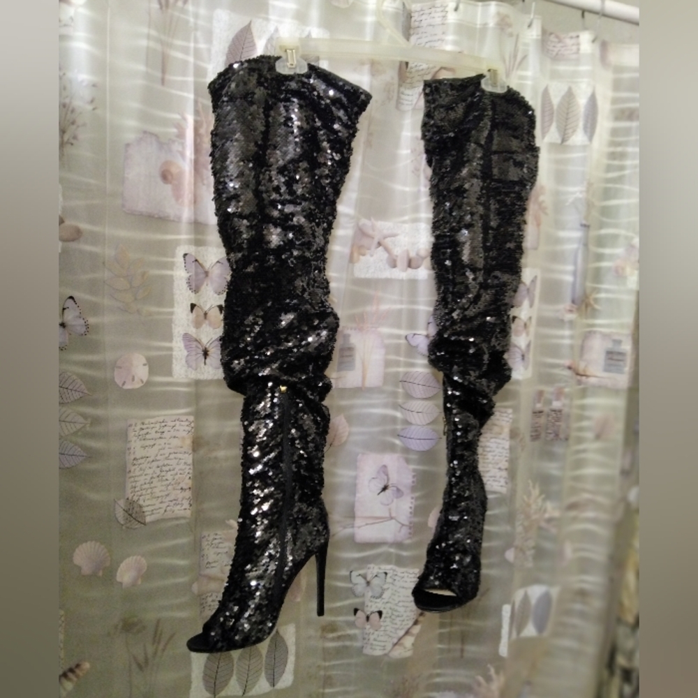 CAMSSOO Thigh High Sequins Over The Knee Open Toe Stiletto Boots - Picture 7 of 15